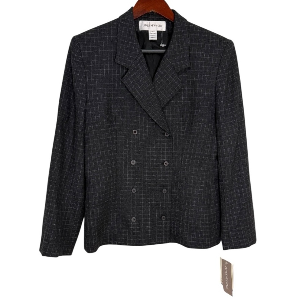 Jones New York Wool Blazer 10 Made USA Double Breasted Plaid Oversized NWT - Picture 2 of 7